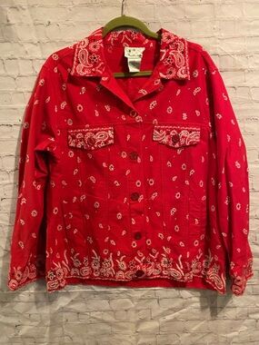Quackery Factory Red Bandana Print Sparkle Button-Up Shacket Western Paisley